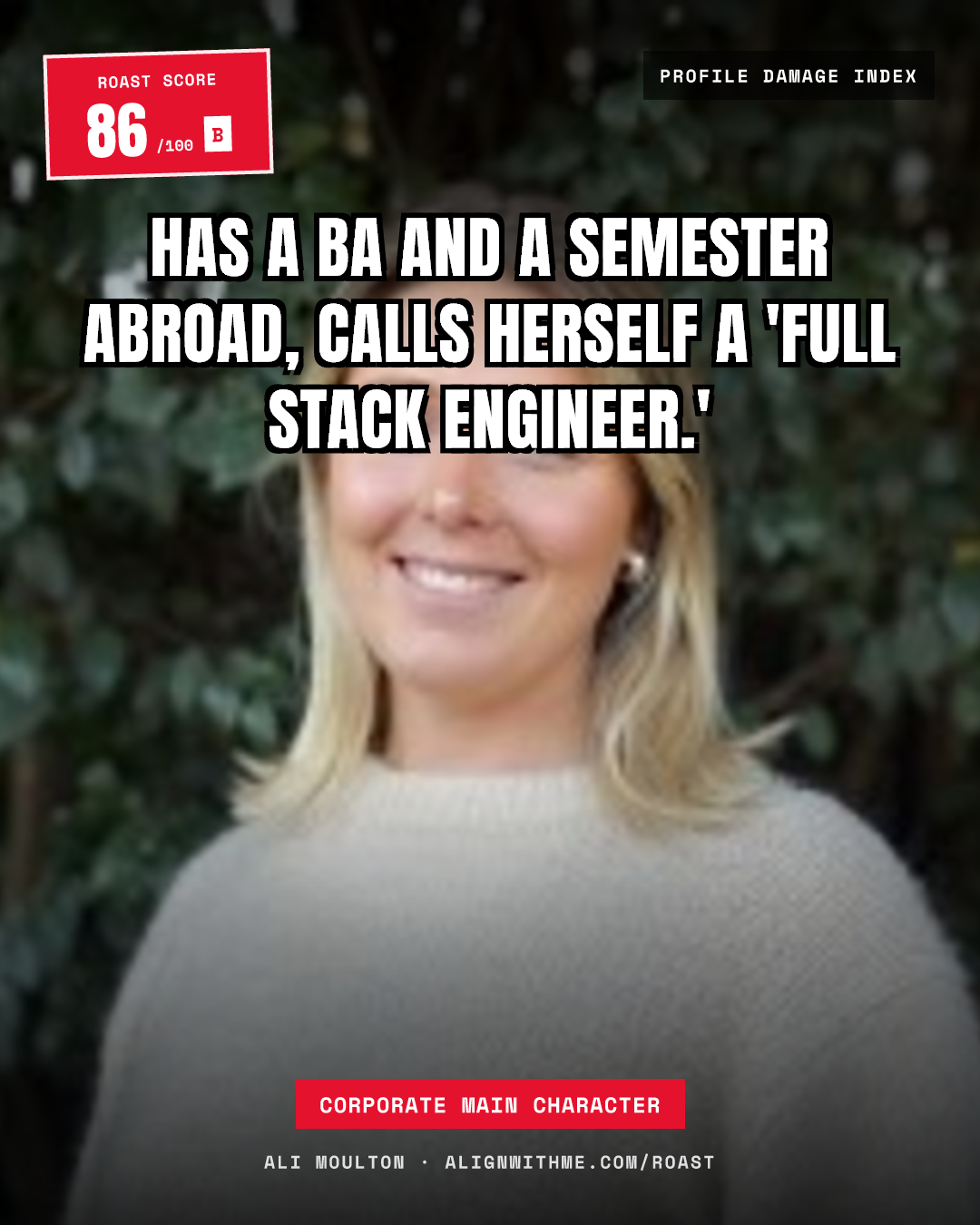 Ali Moulton's LinkedIn roast share card